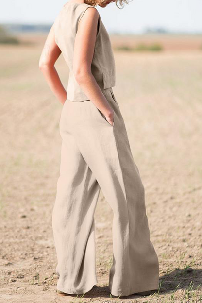 Women's Two-Piece Set - Sleeveless Crop Top & High-Waisted Wide-Leg Pants
