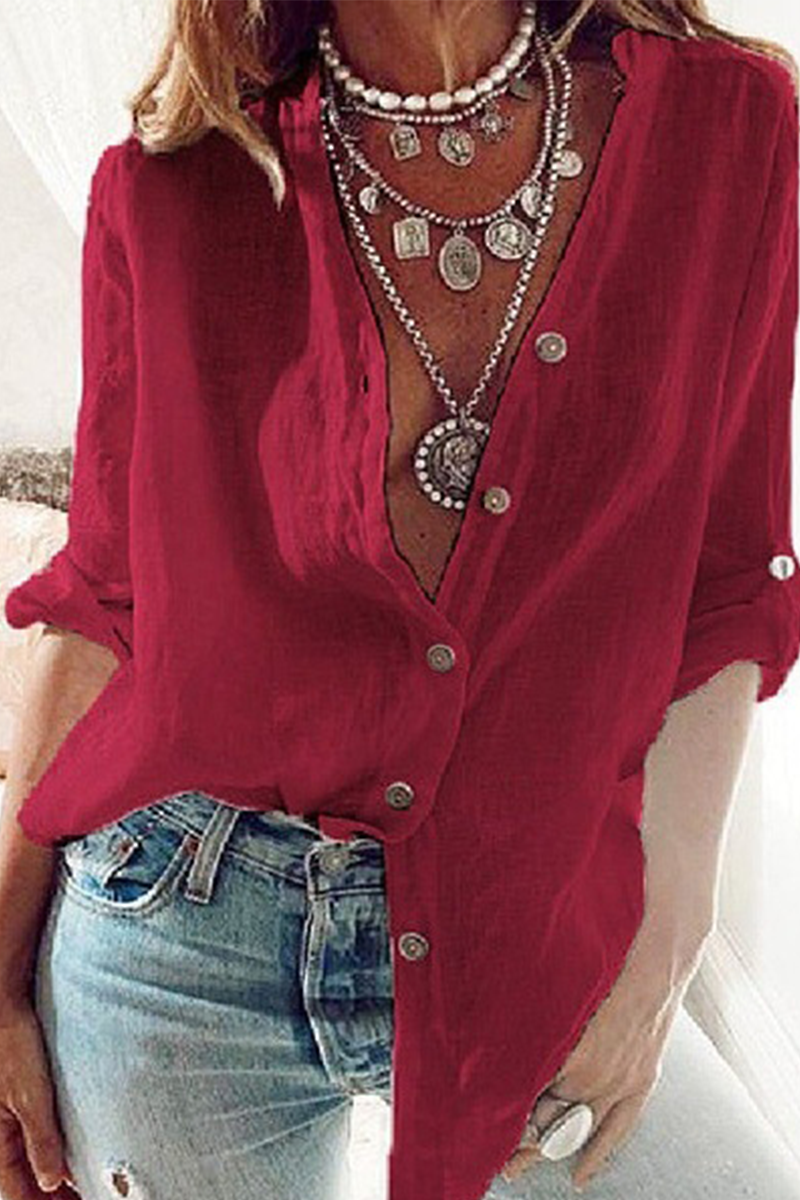 Women's Linen Button-Up Blouse - Relaxed Fit - Lightweight Breathable Fabric - 3/4 Sleeve