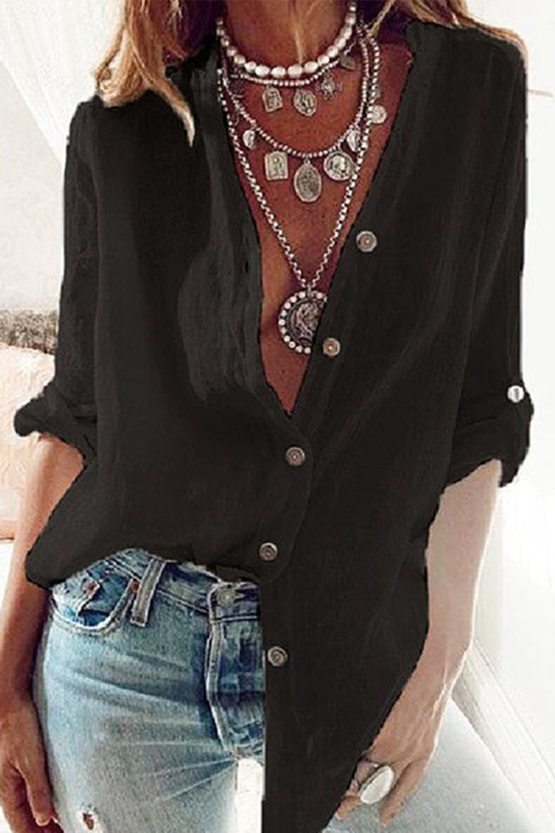 Women's Linen Button-Up Blouse - Relaxed Fit - Lightweight Breathable Fabric - 3/4 Sleeve