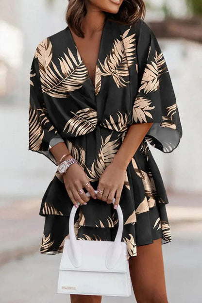 Women's V-Neck Mini Dress - Wrap Style - A-Line Layered Skirt - Floral Print