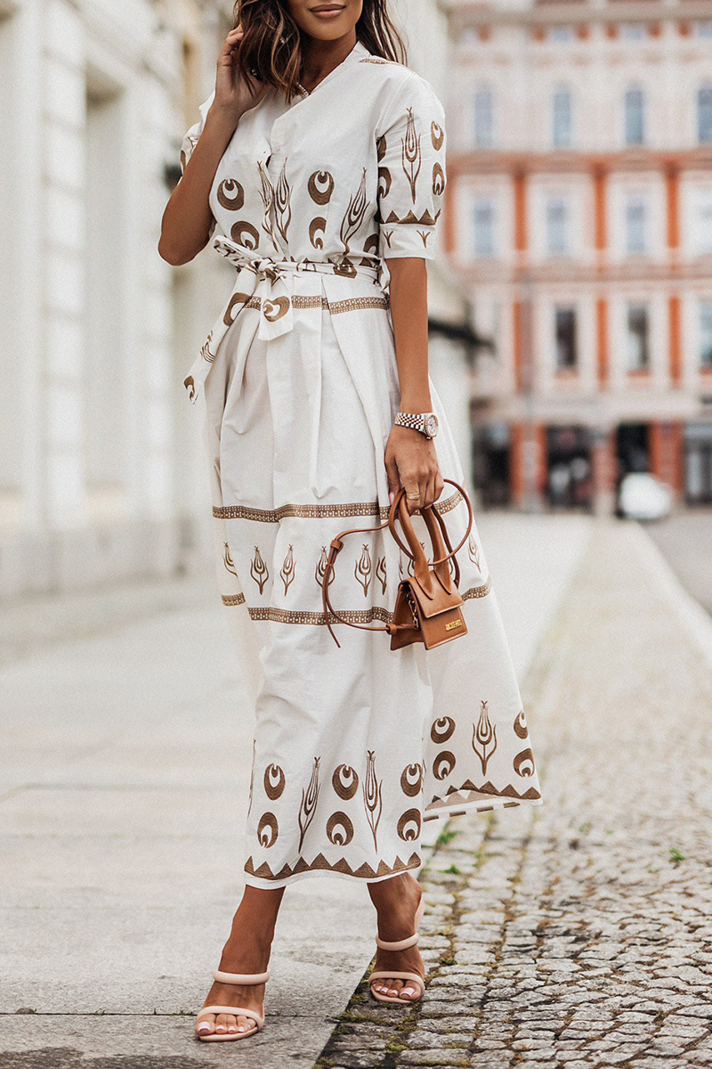 Women's Midi Dress - Embroidered Boho Style - Button-Up Collared - Belted Waist