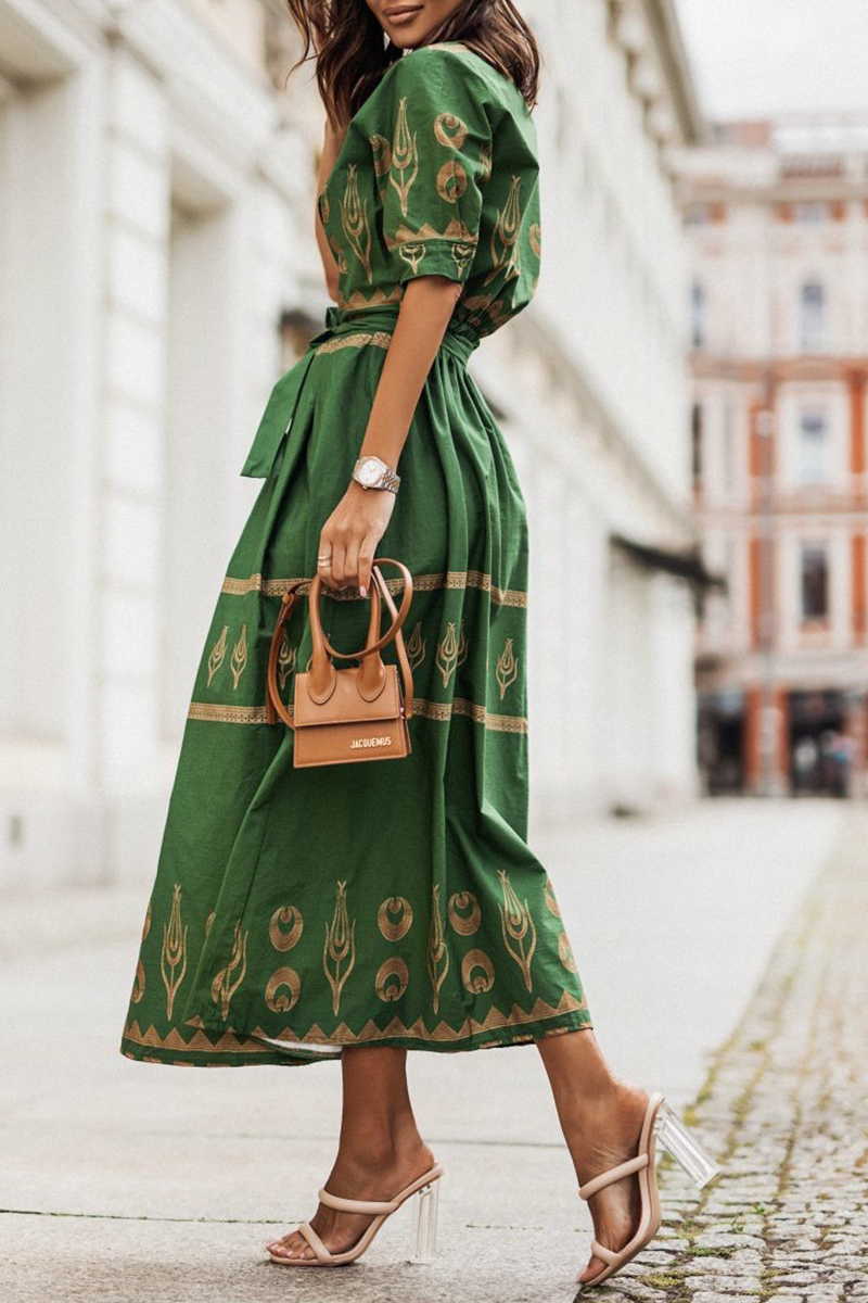 Women's Midi Dress - Embroidered Boho Style - Button-Up Collared - Belted Waist
