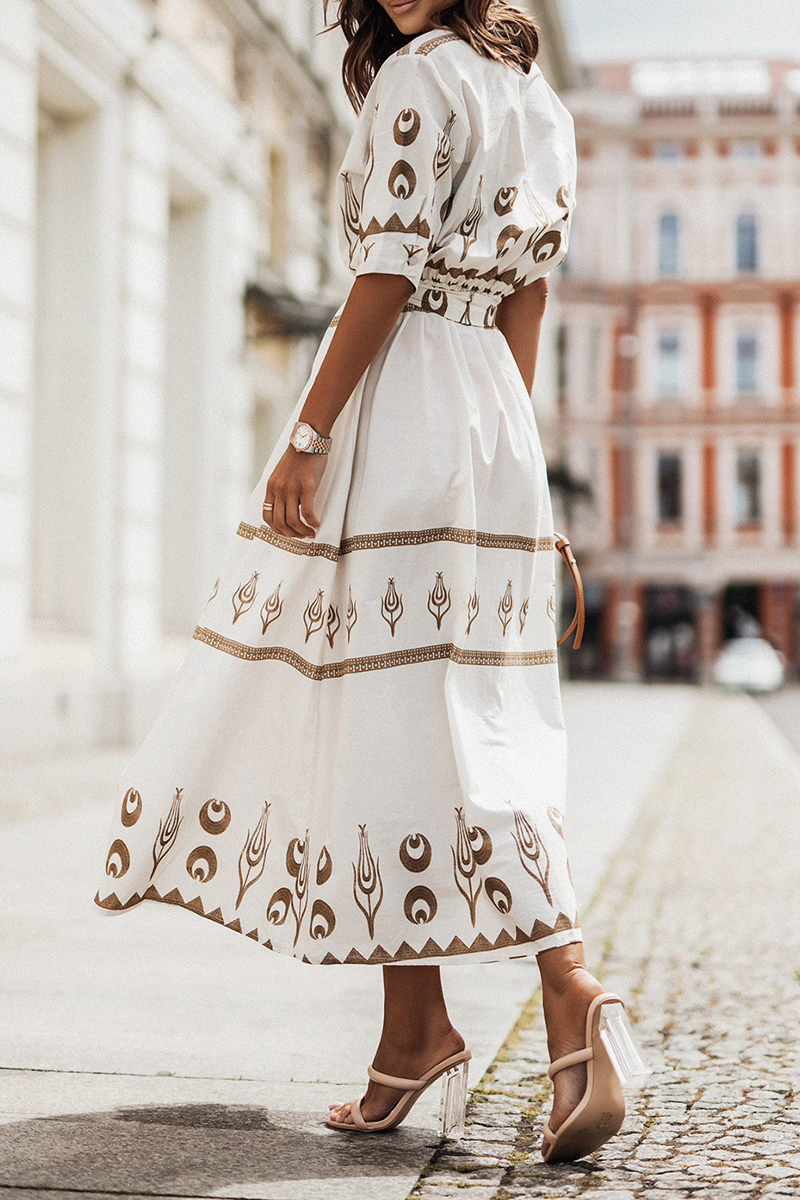 Women's Midi Dress - Embroidered Boho Style - Button-Up Collared - Belted Waist