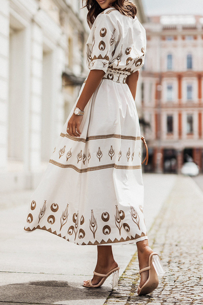 Women's Midi Dress - Embroidered Boho Style - Button-Up Collared - Belted Waist