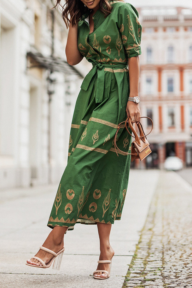 Women's Midi Dress - Embroidered Boho Style - Button-Up Collared - Belted Waist