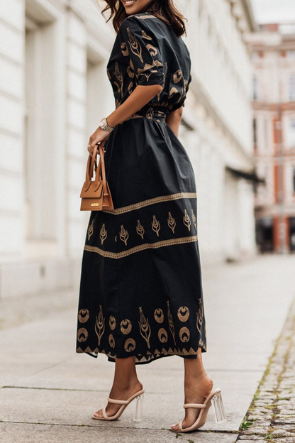 Women's Midi Dress - Embroidered Boho Style - Button-Up Collared - Belted Waist