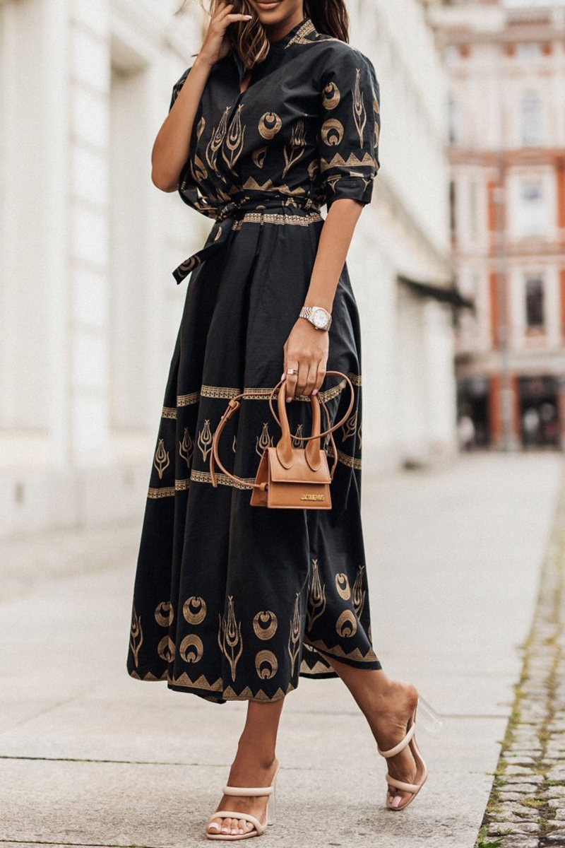 Women's Midi Dress - Embroidered Boho Style - Button-Up Collared - Belted Waist