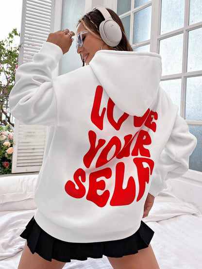 Women's drop shoulder hoodie with 'Love Yourself' back  print