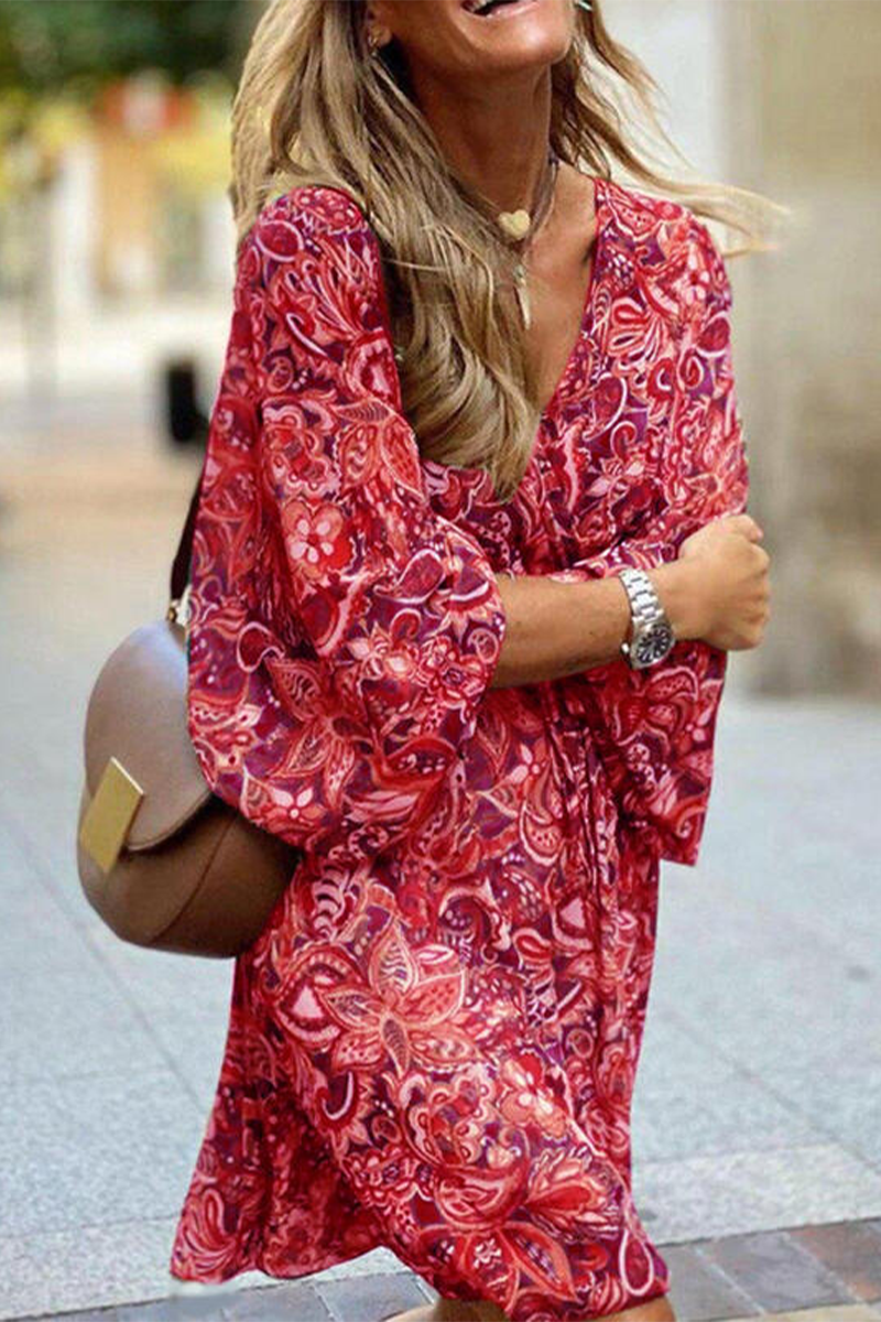 Women's Bohemian Dress - V-Neck - Long Lantern Sleeve - Flowing Paisley Print