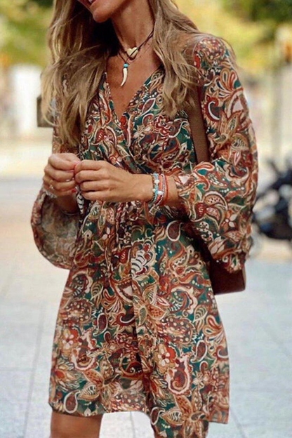 Women's Bohemian Dress - V-Neck - Long Lantern Sleeve - Flowing Paisley Print