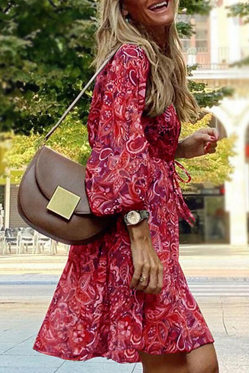 Women's Bohemian Dress - V-Neck - Long Lantern Sleeve - Flowing Paisley Print