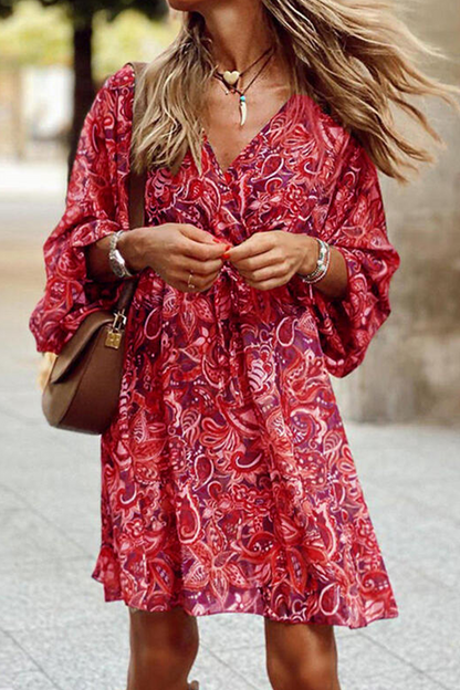 Women's Bohemian Dress - V-Neck - Long Lantern Sleeve - Flowing Paisley Print