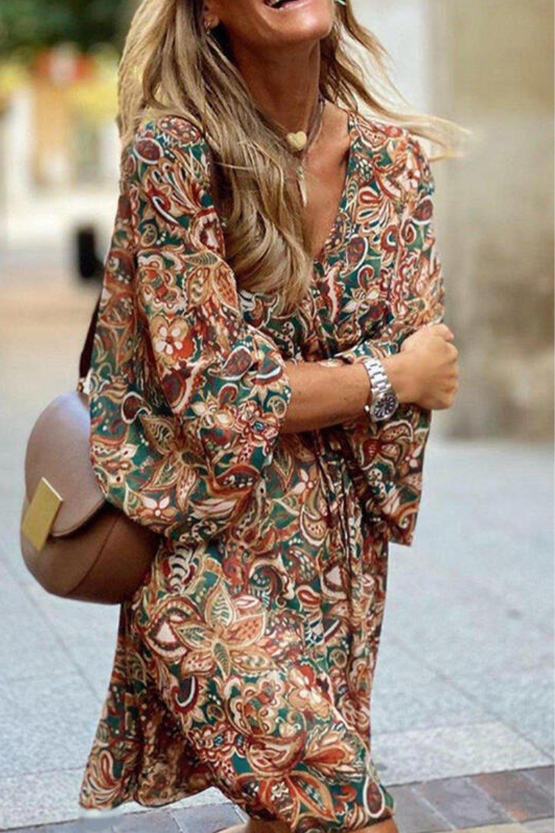 Women's Bohemian Dress - V-Neck - Long Lantern Sleeve - Flowing Paisley Print