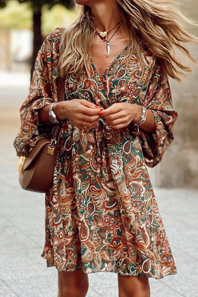 Women's Bohemian Dress - V-Neck - Long Lantern Sleeve - Flowing Paisley Print