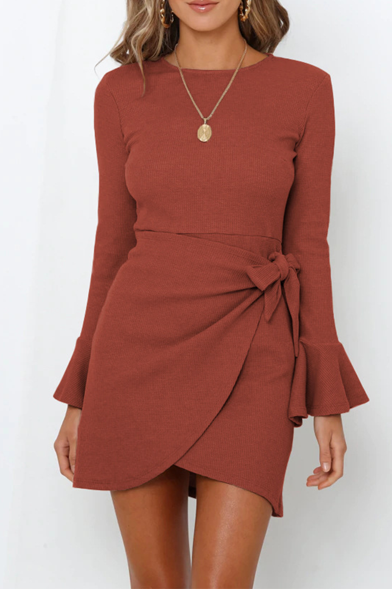 Women's Wrap Dress - Ribbed Knit - Asymmetrical Hem - Long Sleeve Elegant Fit