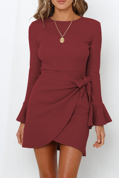 Women's Wrap Dress - Ribbed Knit - Asymmetrical Hem - Long Sleeve Elegant Fit