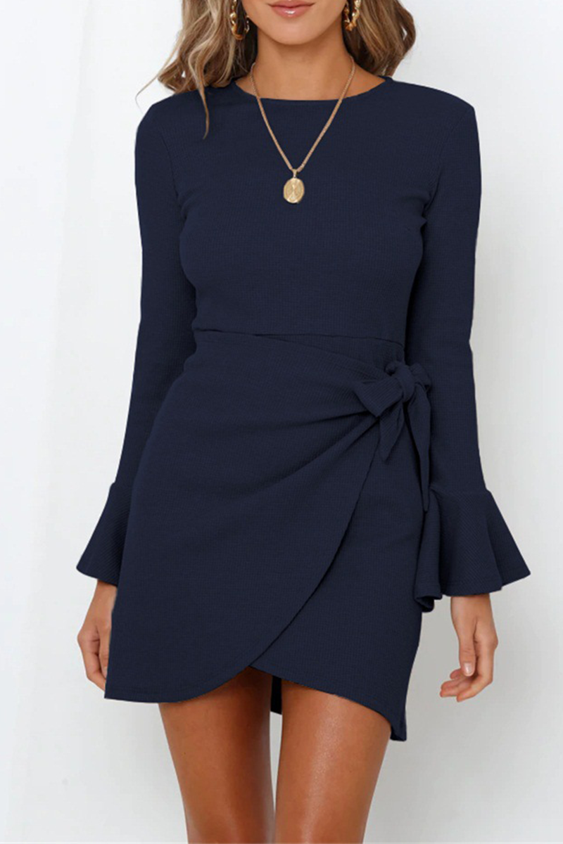 Women's Wrap Dress - Ribbed Knit - Asymmetrical Hem - Long Sleeve Elegant Fit