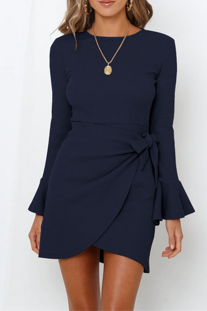 Women's Wrap Dress - Ribbed Knit - Asymmetrical Hem - Long Sleeve Elegant Fit