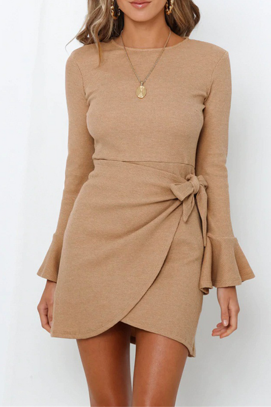 Ribbed Knit Asymmetrical Hem Wrap Dress
