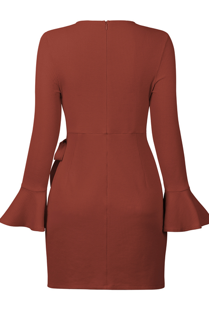 Women's Wrap Dress - Ribbed Knit - Asymmetrical Hem - Long Sleeve Elegant Fit