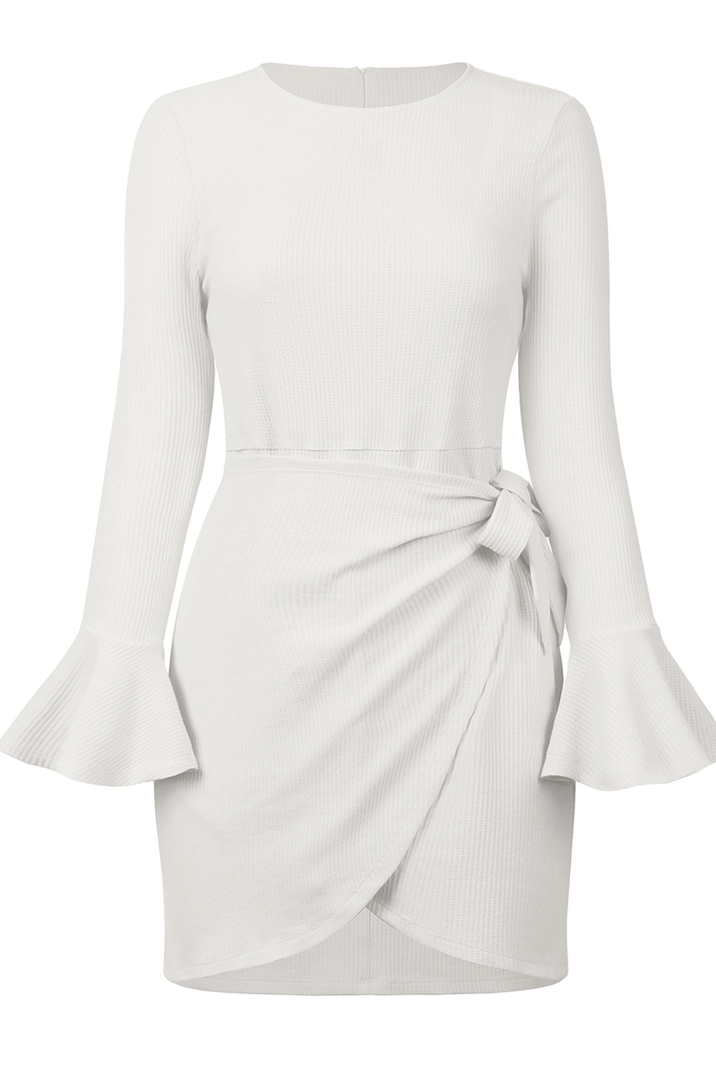 Women's Wrap Dress - Ribbed Knit - Asymmetrical Hem - Long Sleeve Elegant Fit