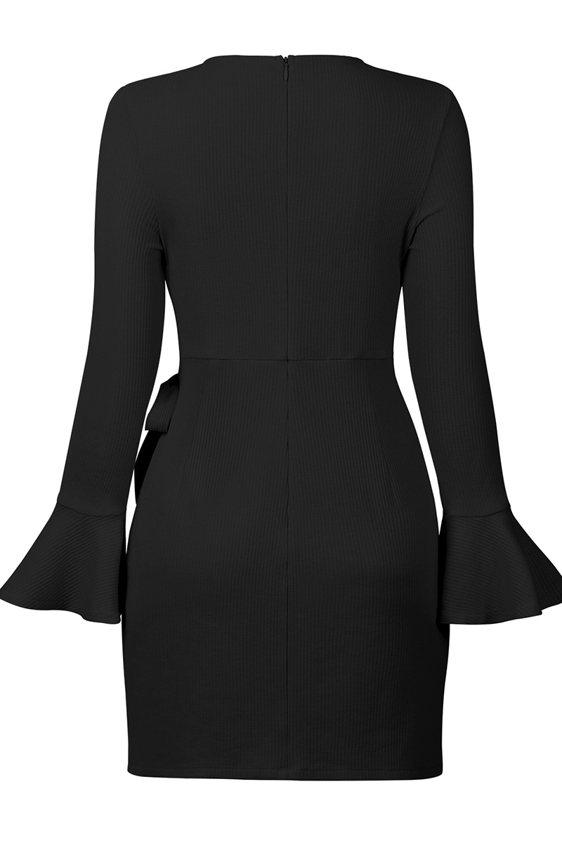 Women's Wrap Dress - Ribbed Knit - Asymmetrical Hem - Long Sleeve Elegant Fit
