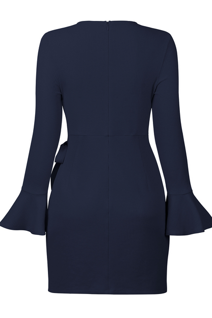Women's Wrap Dress - Ribbed Knit - Asymmetrical Hem - Long Sleeve Elegant Fit