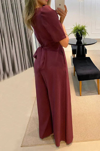 Women's solid color v neck casual jumpsuit