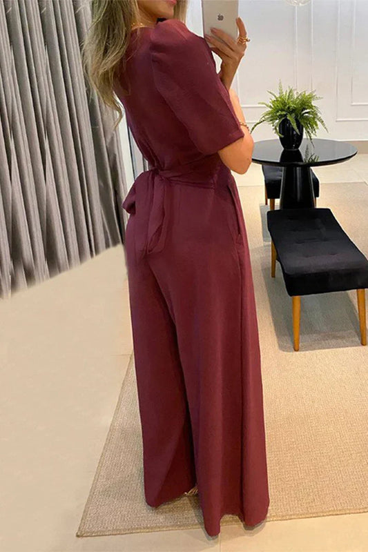 Solid Color Casual V-Neck Jumpsuit