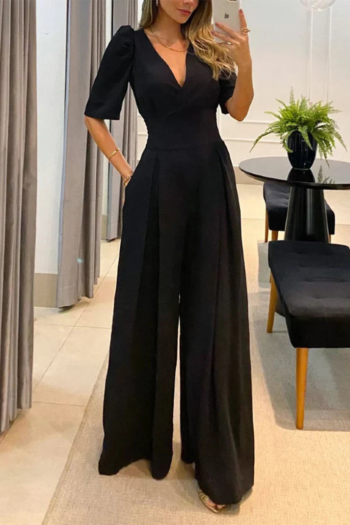 Women's solid color v neck casual jumpsuit