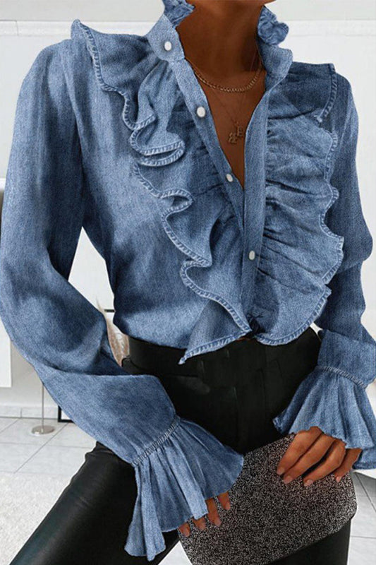 Ruffled Front Fitted Waist Denim Blouse