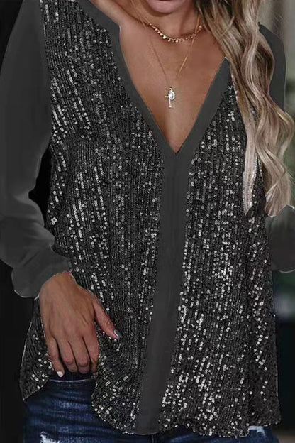 Women's Sequin Blouse - Deep V-Neck - Sheer Long Sleeves - Loose Fit Party Top
