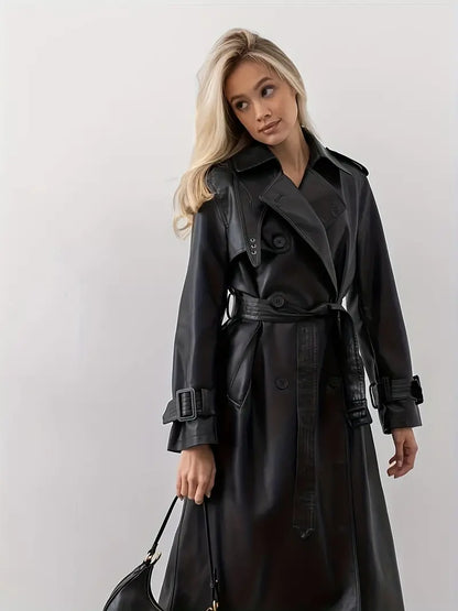 Trench coat pu leather with belt for women