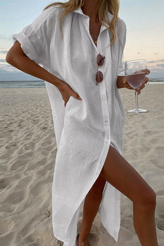 Lightweight Linen Blend Button-Up Shirt Dress