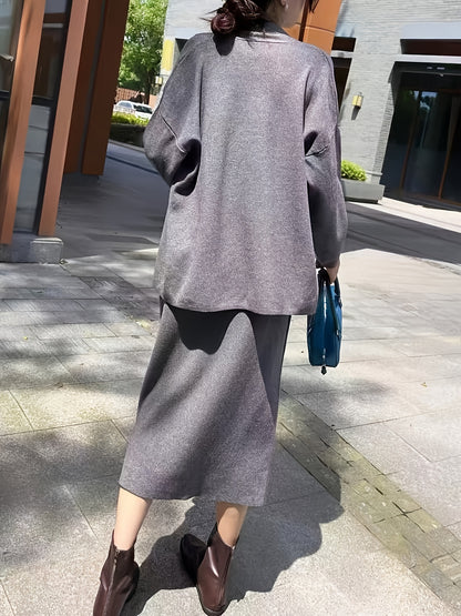 Three-piece cardigan, vest, and skirt knit set for women