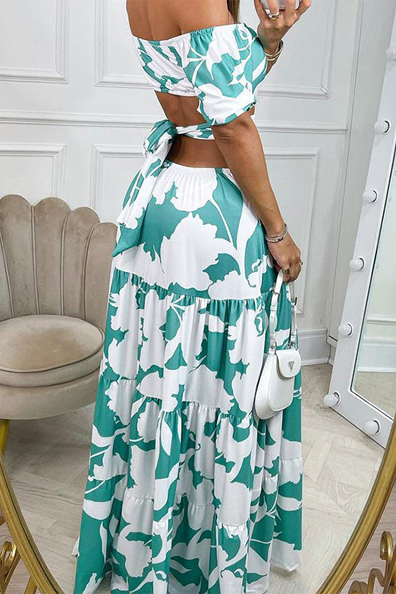 Women’s Off-Shoulder Maxi Dress - Floral Print - Puff Sleeve - Tiered Flowy Skirt
