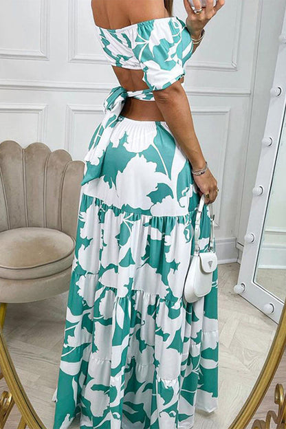Women’s Off-Shoulder Maxi Dress - Floral Print - Puff Sleeve - Tiered Flowy Skirt