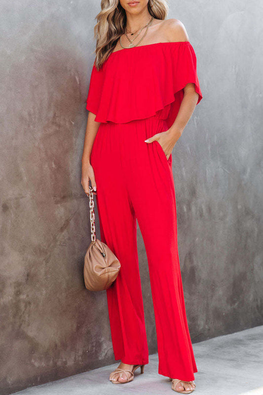 Breathable Off-Shoulder Ruffled Layer Jumpsuit