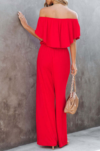Women's Off-Shoulder Jumpsuit - Ruffled Layer - Wide Leg - Lightweight & Breathable
