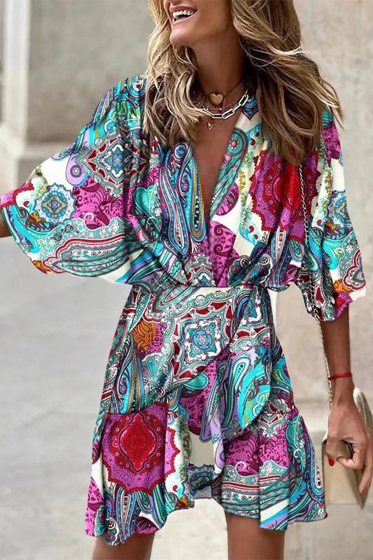 Flowy Lightweight Cinched Waist Boho Mini Dress