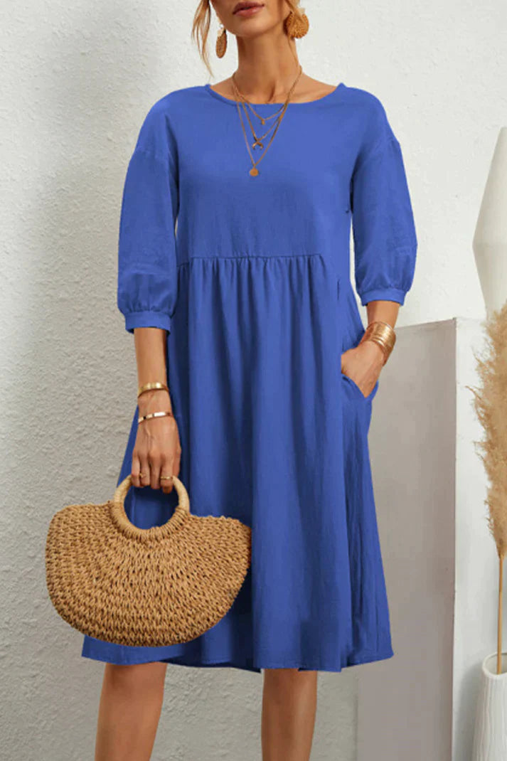 Linen Loose Fit Midi Dress With Pockets