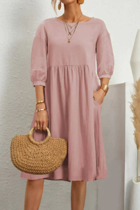 Linen Loose Fit Midi Dress With Pockets