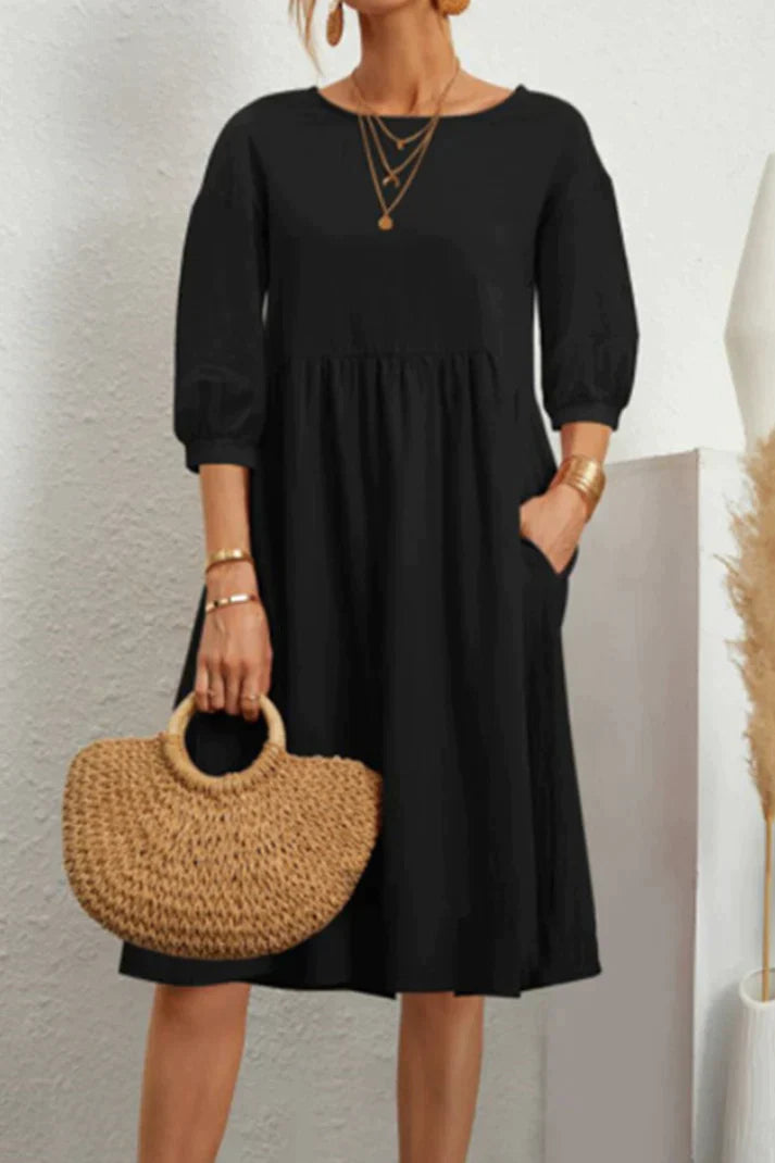 Linen Loose Fit Midi Dress With Pockets