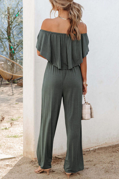 Women's Off-Shoulder Jumpsuit - Ruffled Layer - Wide Leg - Lightweight & Breathable
