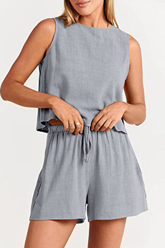 Drawstring Pocket Sleeveless Short Set