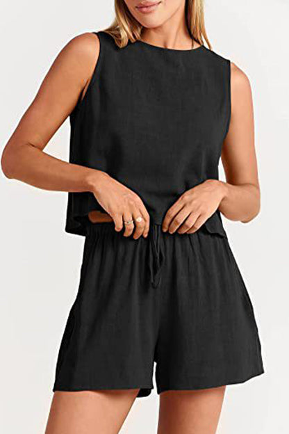 Reign - bateau neckline sleeveless and drawstring pocket short set