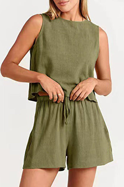 Reign - bateau neckline sleeveless and drawstring pocket short set