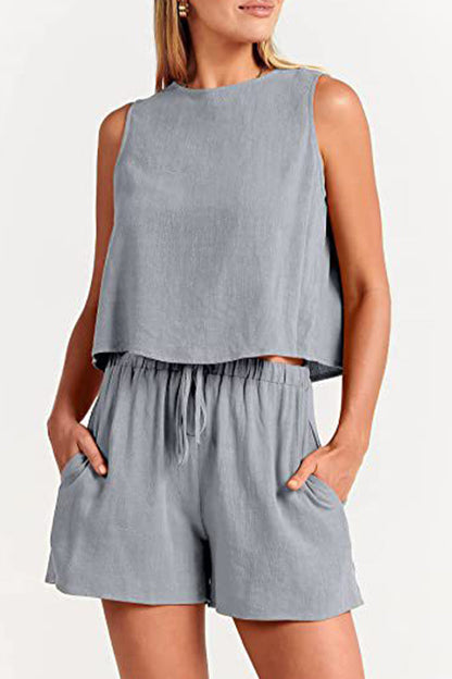 Reign - bateau neckline sleeveless and drawstring pocket short set