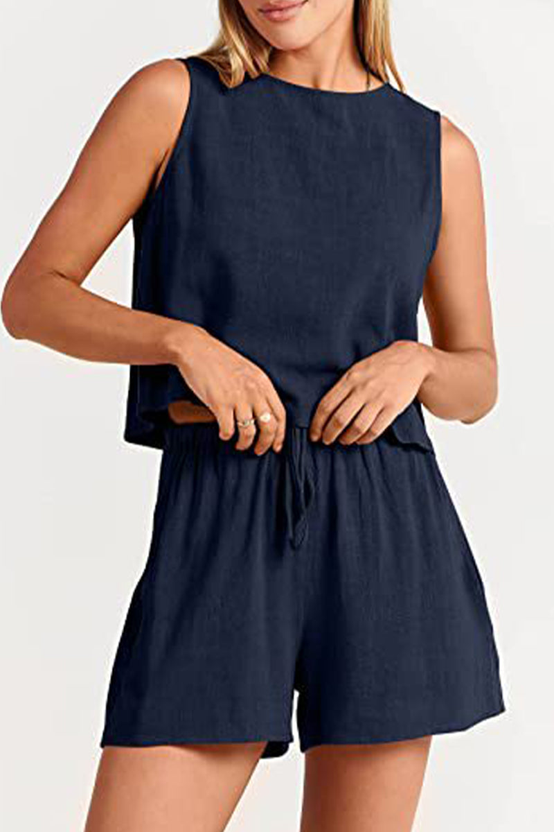 Reign - bateau neckline sleeveless and drawstring pocket short set