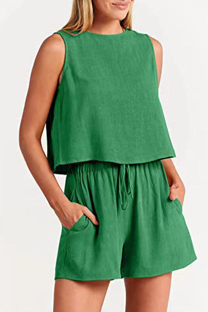 Reign - bateau neckline sleeveless and drawstring pocket short set